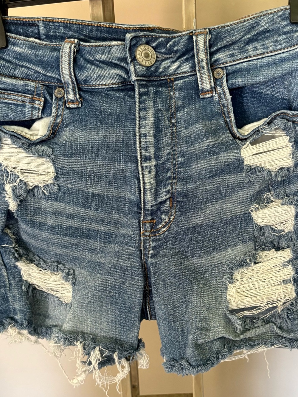 American Eagle Outfitters Next Level Stretch Light Blue Distressed Jean Shorts